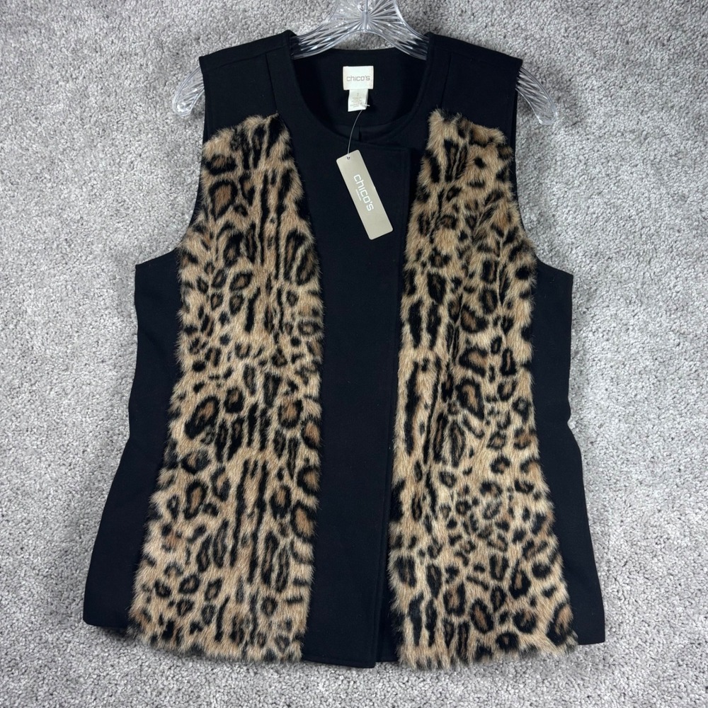 Chicos Animal Pieced Faux Fur Vest Women's Size 1 Black Leopard Print Sleeveless